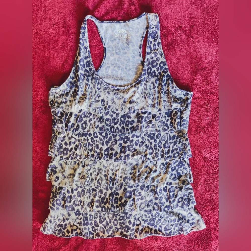 Mudd Black White Leopard Print Racerback Layered RuffleWomens Tank Top Sz Large